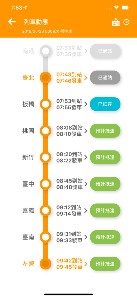 高鐵訂票通 - Mobilbildschirm mit Echtzeit-Zugstatus und Ankunftsplan für Taiwan High Speed Rail