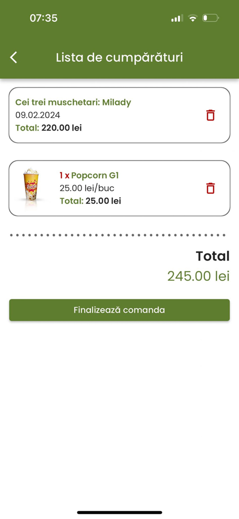 Cineplex app shopping cart displaying a movie ticket and popcorn order with a finalize order button.