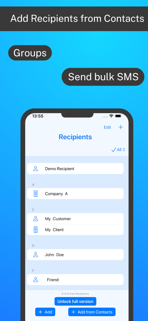SMS Newsletter: Send bulk sms - Schermata dell'app mobile che mostra un elenco di destinatari con opzioni per aggiungere dai contatti per SMS di massa