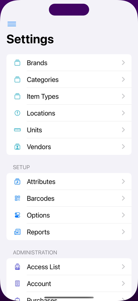 Settings menu of the Inventory Control app showing options for brands, categories, barcodes, and reports