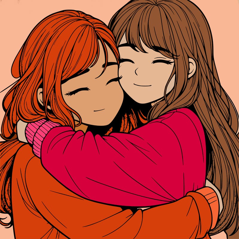 realistic two girls hugging