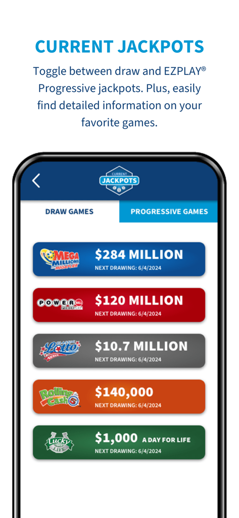 Ohio Lottery app screen displaying current jackpots for draw games like Mega Millions and Powerball