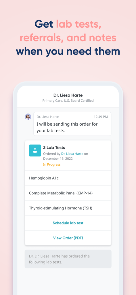 A smartphone interface displaying a doctors message and an order for three lab tests including Hemoglobin A1c within the HealthTap app