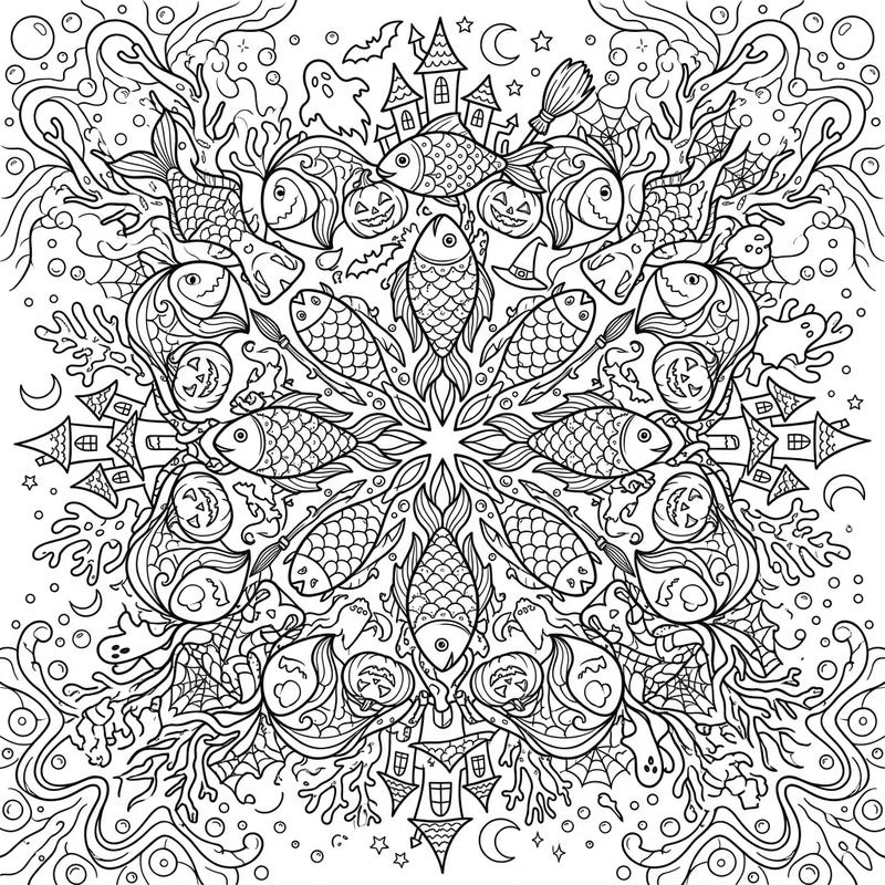Discover a unique blend of underwater wonder and spooky Halloween fun with this intricate coloring page. Featuring fish intertwined with pumpkins, ghosts, and haunted houses, it's perfect for a creative seasonal escape.
