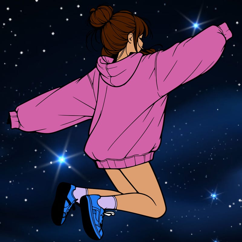 realistic girl jumping with a bun and oversized sweatshirt