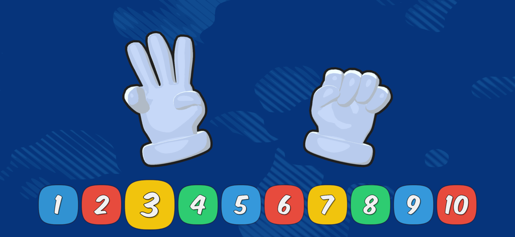I Can Count to Ten - Cartoon hands showing the number three on a blue background with a numbered bar at the bottom.
