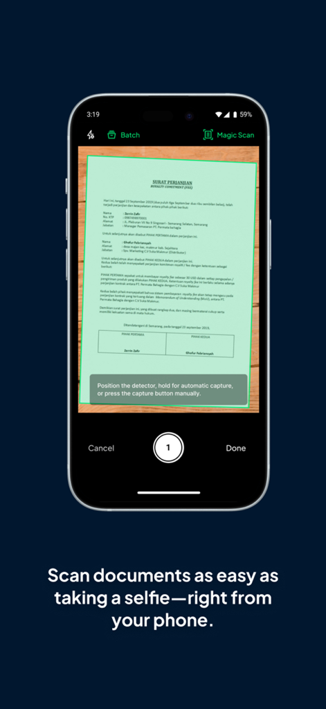 VIDA - Scan, e-Sign, e-Meterai - Tela de smartphone mostrando o aplicativo VIDA usando Magic Scan para capturar um documento legal.