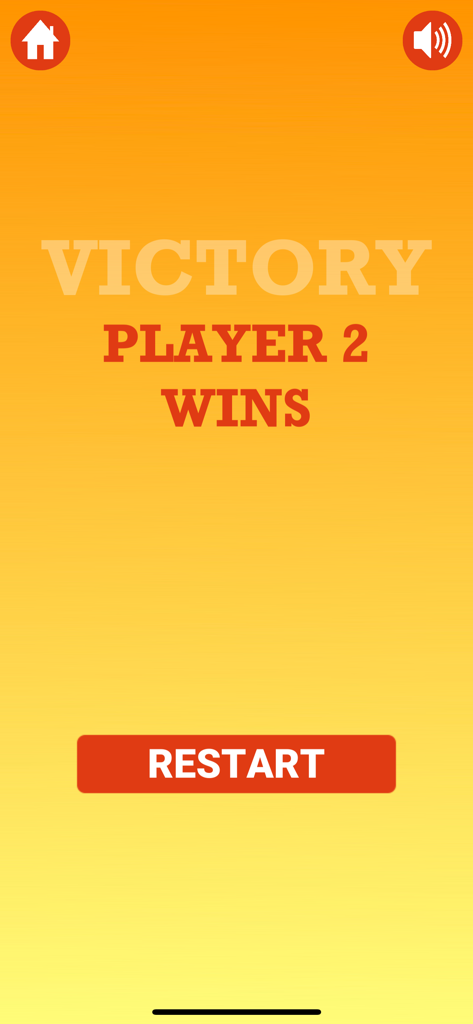 Pantalla de victoria que muestra ¡El Jugador 2 Gana! con un botón de reinicio en la aplicación Juego de la Papa Caliente