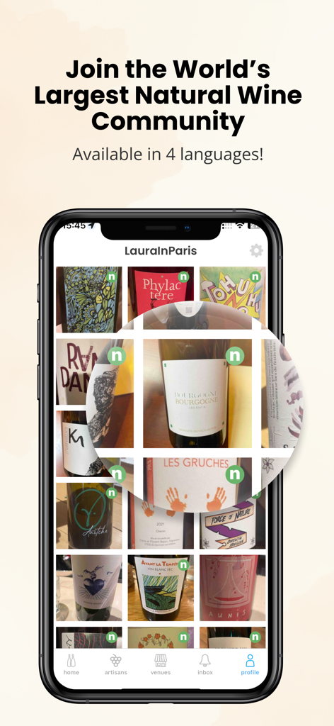Raisin app user profile displaying a curated grid of natural wine labels