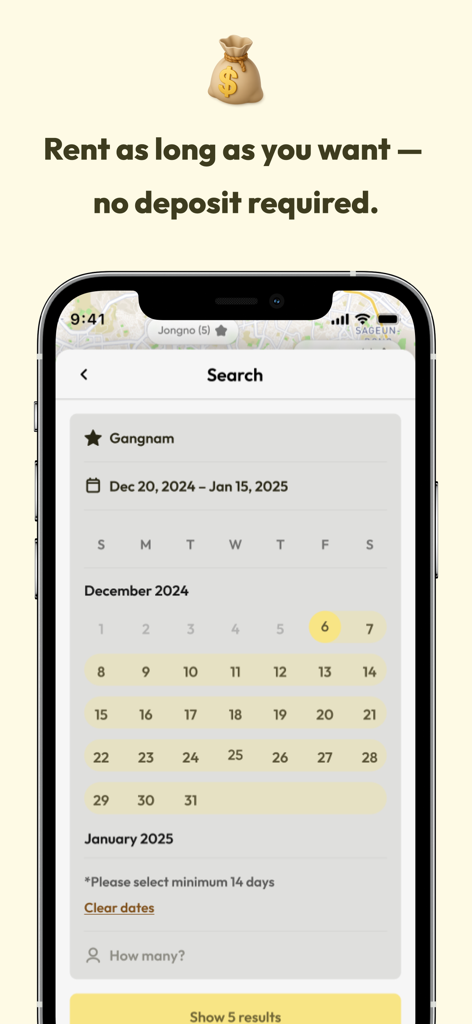enkostay - No deposit in Korea - Enkostay app screen showing a flexible date search for no-deposit housing in Gangnam Korea