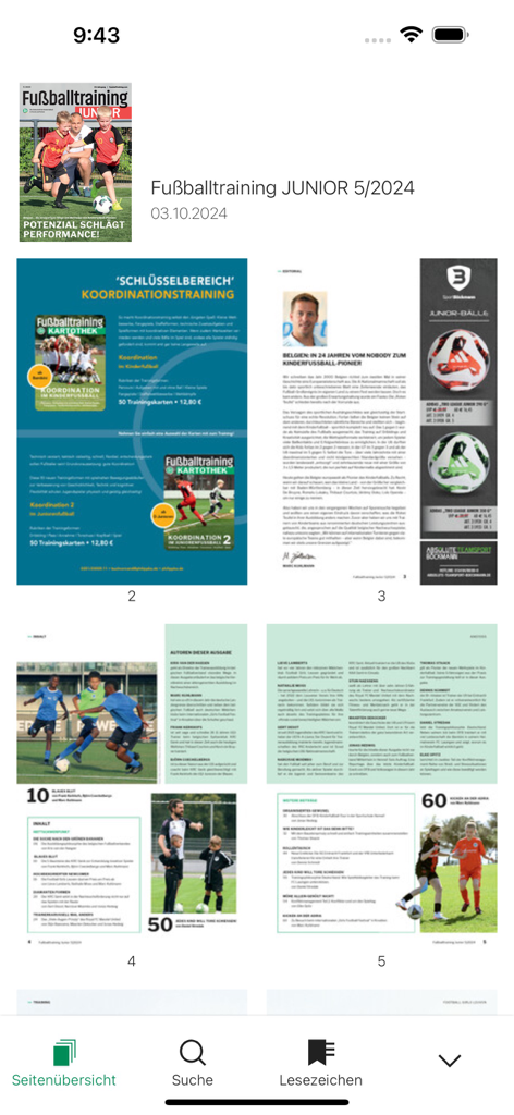 Digital overview of Fussballtraining Junior magazine pages showing soccer coordination drills and coaching articles.
