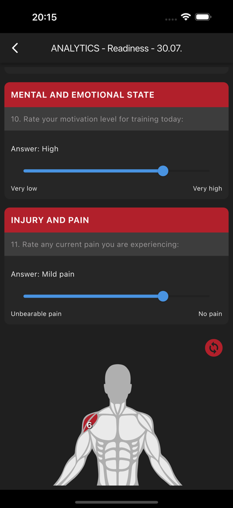 Bereitschafts-Bewertungsbildschirm von Smart Training mit Schmerz- und Motivationsverfolgung