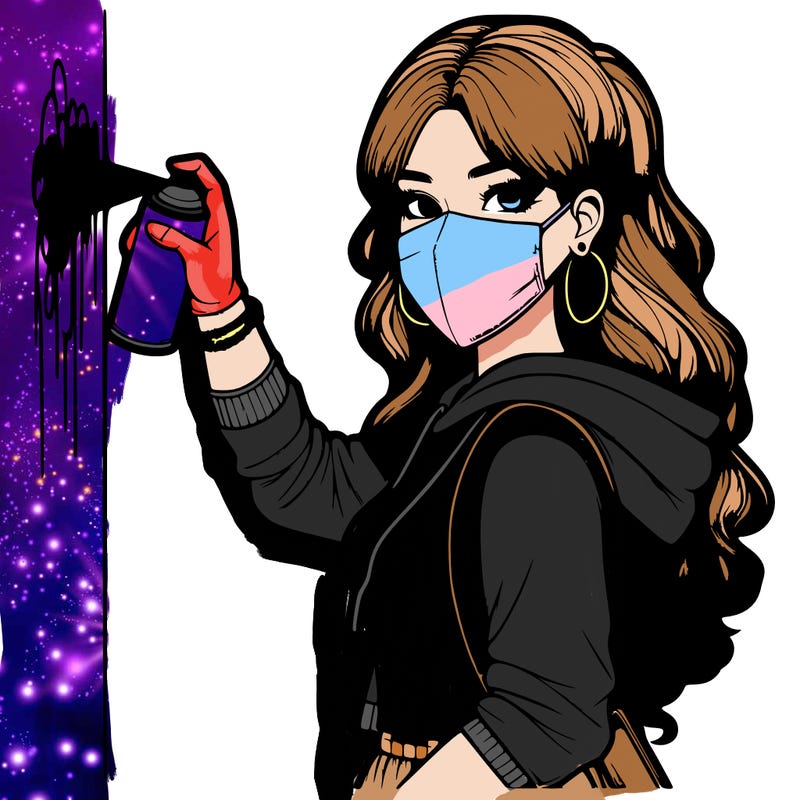 realistic girl with mask spray painting a wall