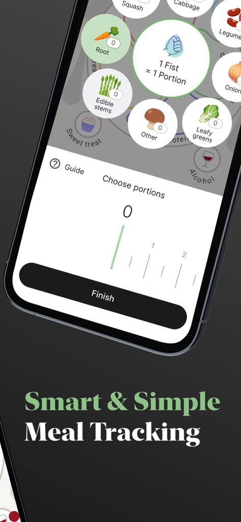Smart and simple meal tracking interface with visual portion size selection