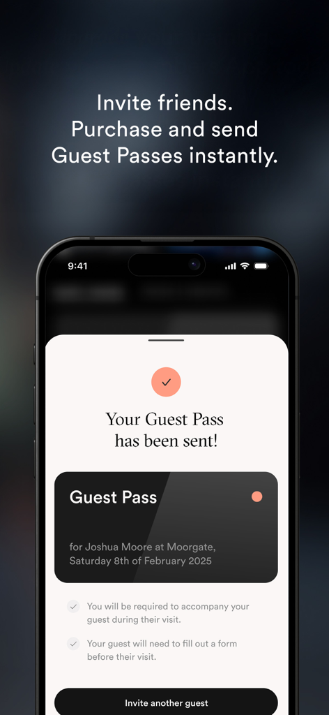 Third Space - Third Space app interface showing a sent guest pass confirmation