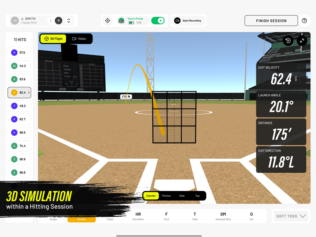 Rapsodo Softball - Rapsodo Softball app interface showing a 3D simulation of a hitting session with performance metrics like exit velocity and launch angle