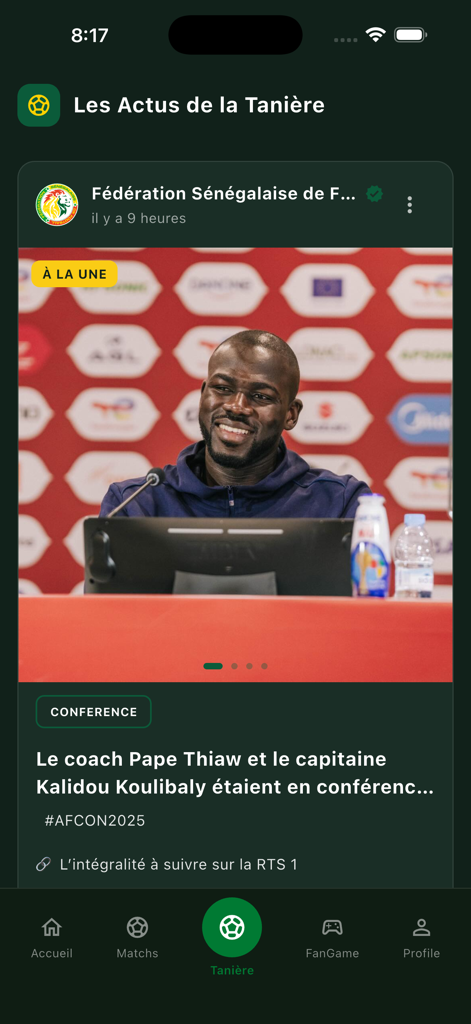 A news post in the GoGainde app showing captain Kalidou Koulibaly at a press conference