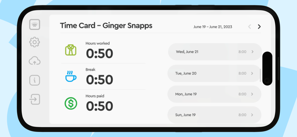 Fingercheck Time Clock - Interfaz de la aplicación móvil Fingercheck que muestra una tarjeta de tiempo de empleado con las horas trabajadas, la duración de los descansos y una lista de turnos diarios.