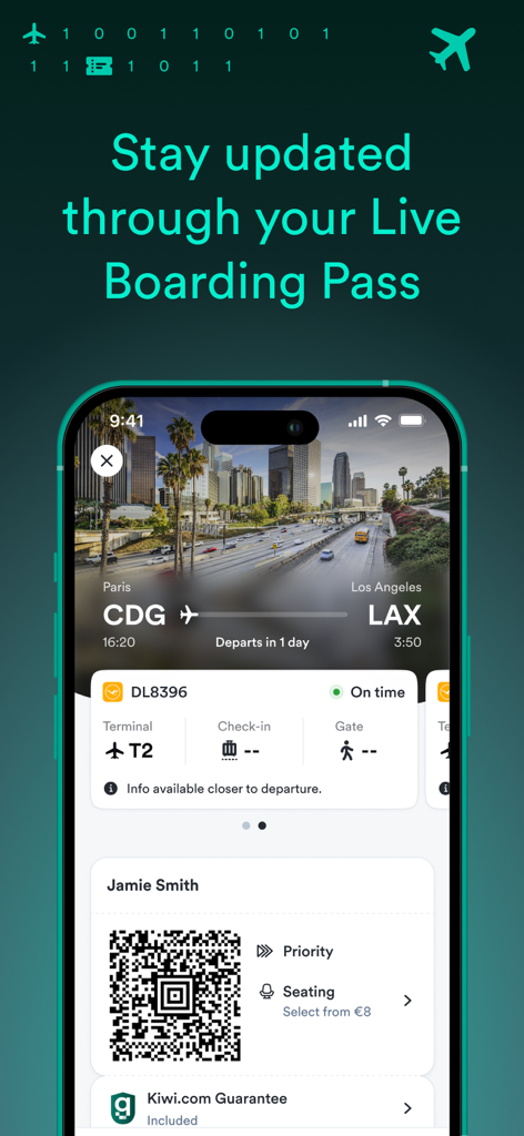 Interfaz de la aplicación móvil Kiwi.com mostrando una tarjeta de embarque de vuelo digital con un código QR y detalles del viaje.