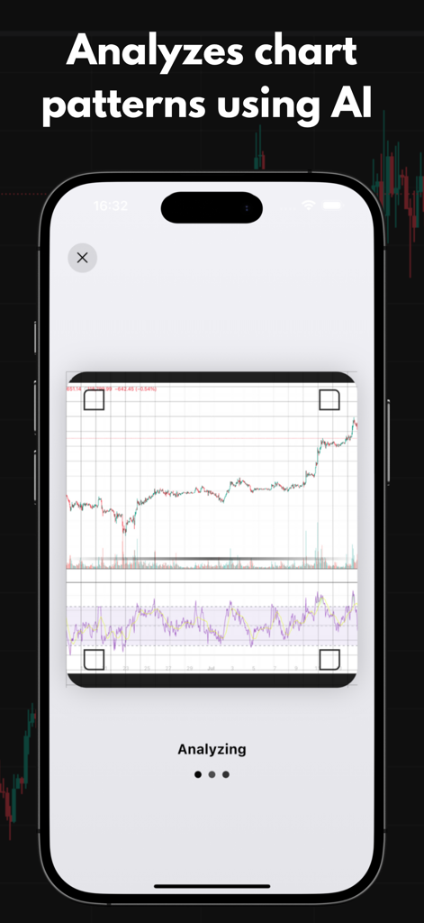 ChartAI - Technical Analyzer - Schermo dell'iPhone che mostra l'app ChartAI mentre analizza un grafico di trading finanziario utilizzando l'intelligenza artificiale