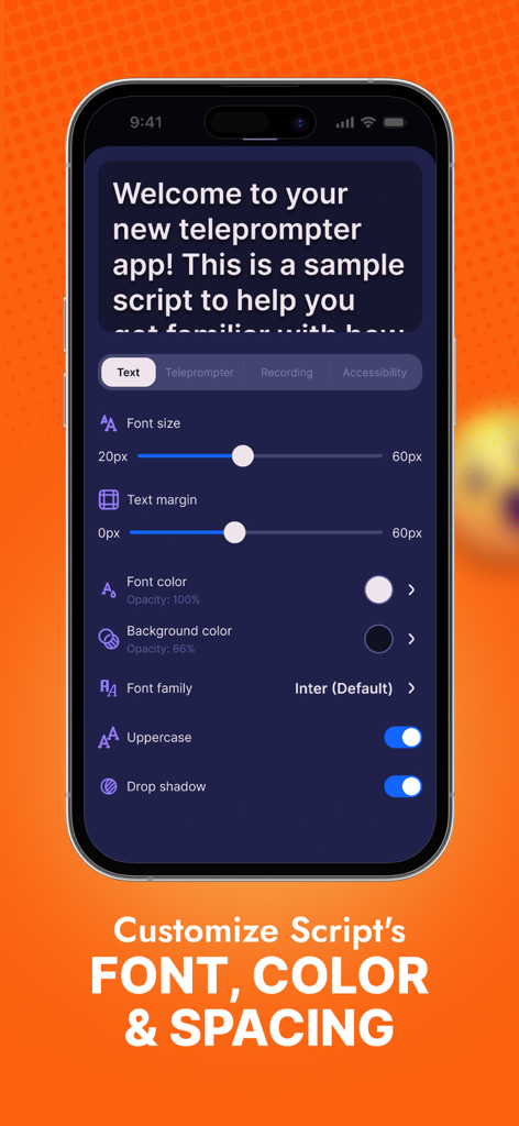 Teleprompter Video Script Pro - Interface of Teleprompter Video Script Pro showing script font size color and margin customization options