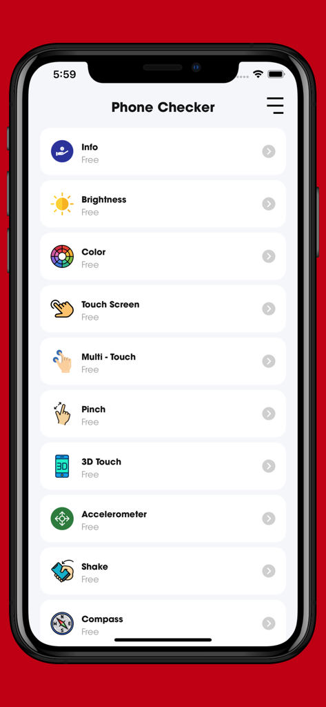 Phone Checker app main interface displaying a list of hardware diagnostic tests like brightness touch and sensors