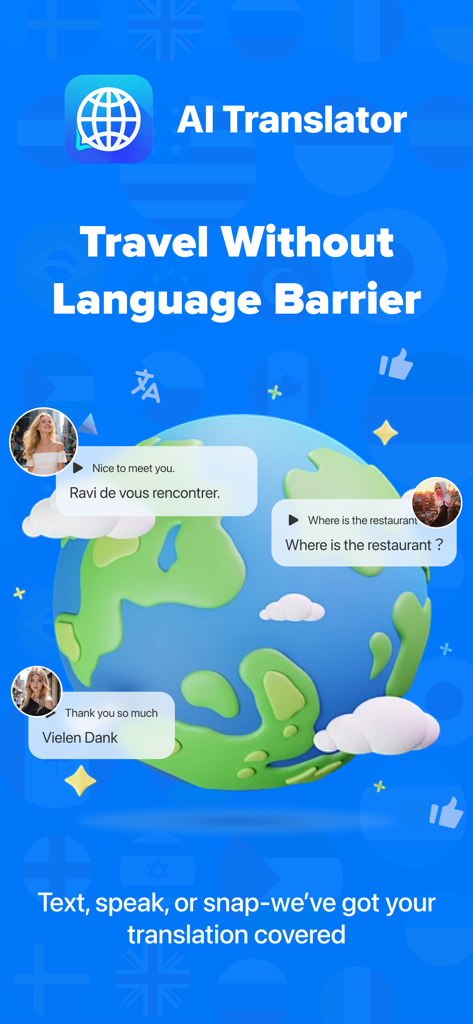 AI Translator app promotional screen showing a 3D globe with multi-language chat bubbles and the headline Travel Without Language Barrier