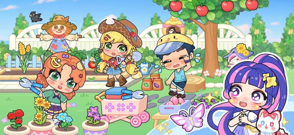 Lindos personajes chibi cultivando y cosechando frutas en un vibrante entorno exterior en Ayla World Avatar Life