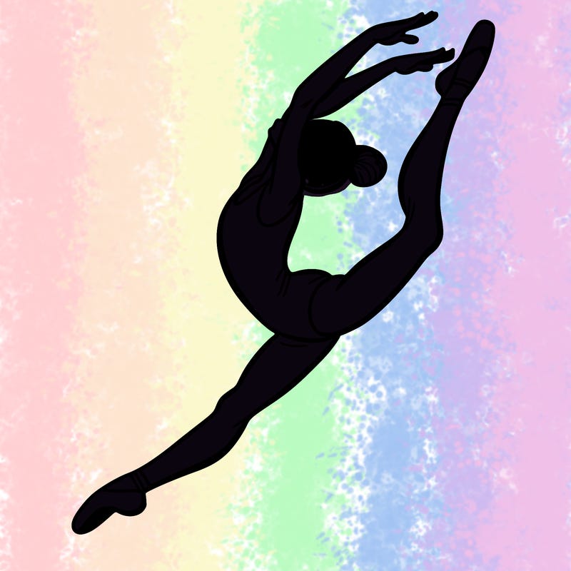gymnast doing a leap in a leotard with a bent back leg