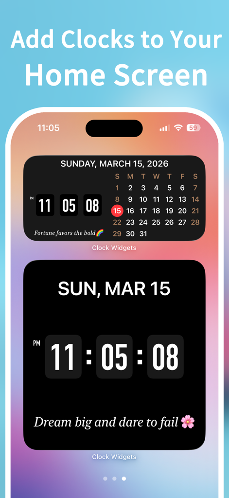 Clock Widget - Ultra HD Time - Two aesthetic flip clock widgets on an iPhone home screen featuring dates and inspirational quotes.