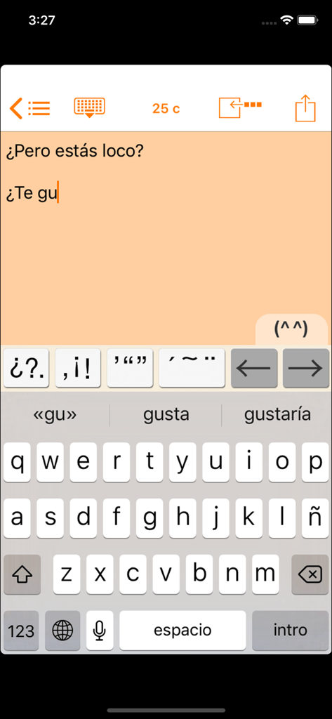 Easy Mailer Spanish Keyboard - Captura de pantalla de la interfaz del Teclado Español Easy Mailer que muestra teclas de puntuación dedicadas y predicción de palabras