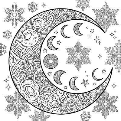 Embark on a magical coloring journey with this exquisite Zentangle moon, nestled amidst a sparkling winter scene. Its intricate patterns and snowy motifs promise hours of calming, creative exploration.
