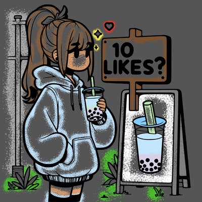 girl with oversized hoodie drinking boba and she has a high ponytail with a sign that says 10likes?