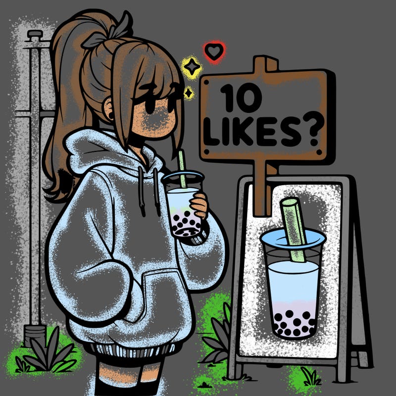 girl with oversized hoodie drinking boba and she has a high ponytail with a sign that says 10likes?