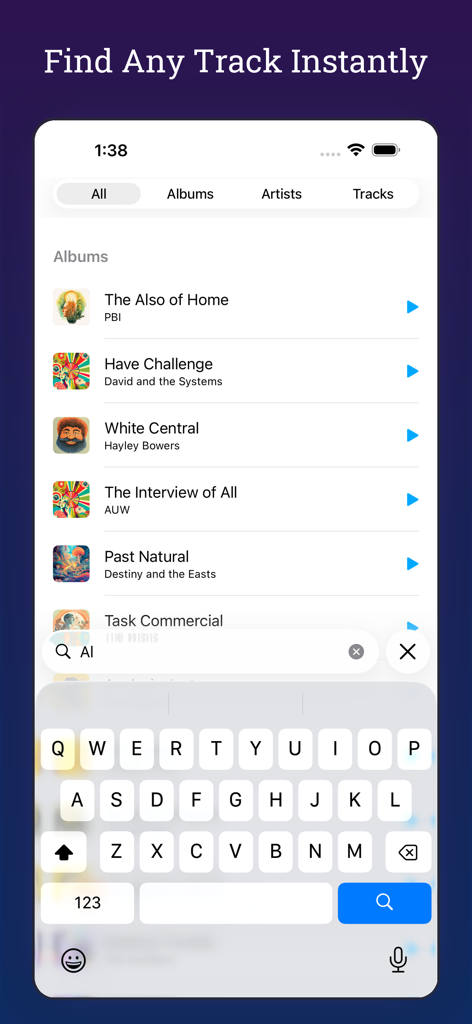 MiniMoon Music - La pantalla de búsqueda de la aplicación MiniMoon Music mostrando una lista de álbumes y una barra de búsqueda activa con un teclado abierto.