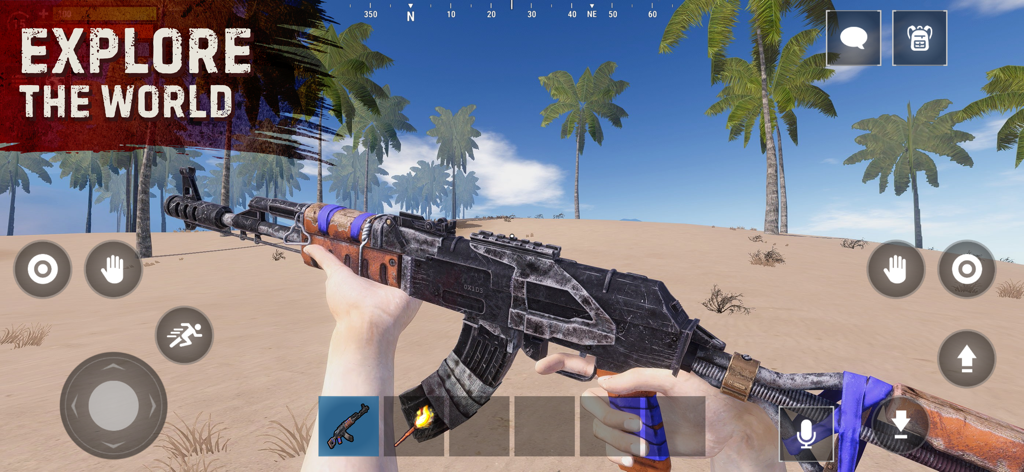 First person view of a player holding a rifle in Oxide Survival Island Online