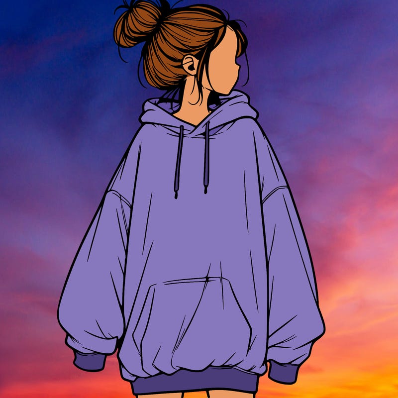 realistic girl with a oversized sweatshirt on and a bun