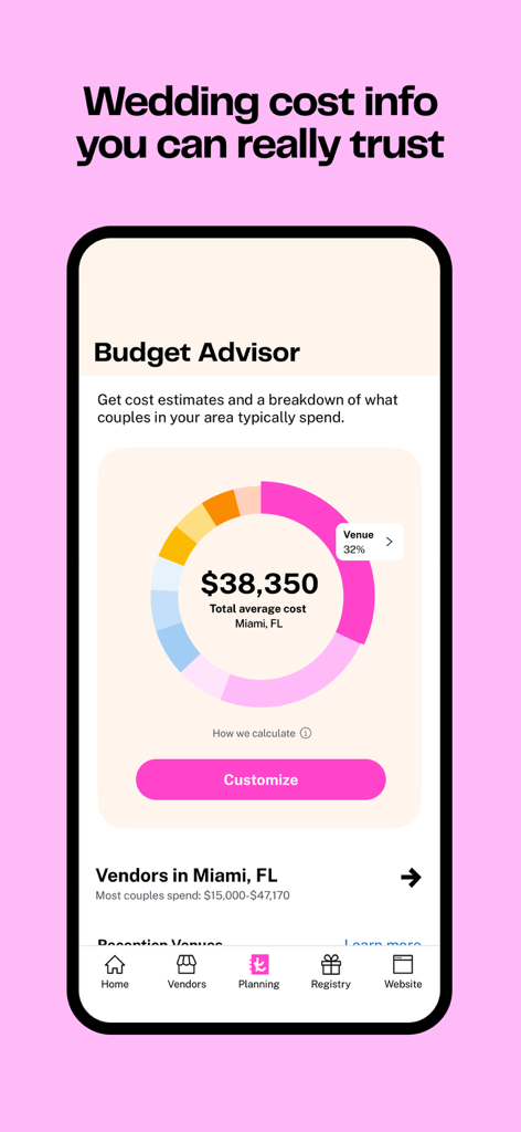 Der Budgetberater der The Knot Wedding Planner App zeigt eine Kostenaufschlüsselung und das durchschnittliche Hochzeitsbudget für Miami an.