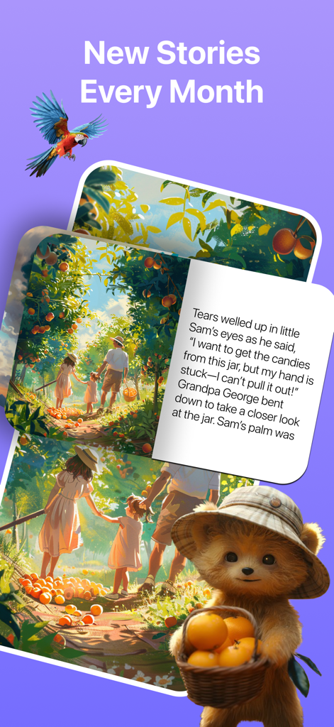 StoryTime Kids: AI Storybook - StoryTime Kids app interface showing colorful book illustrations and a cute bear character under the heading New Stories Every Month