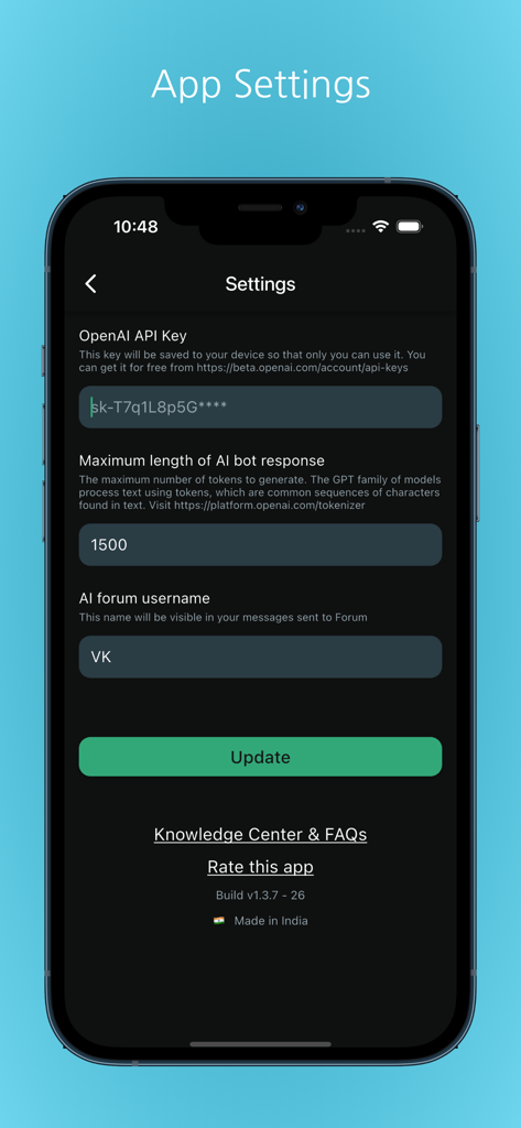 User settings screen in the Pocket AI app showing options for OpenAI API key configuration and AI response length.