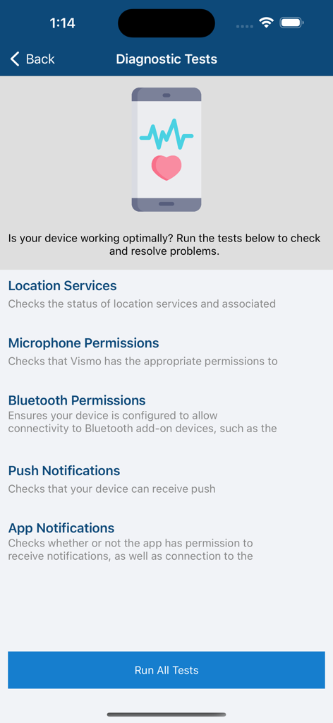 Vismo: Locate & Protect - Diagnostic tests screen in the Vismo app for checking device permissions and services