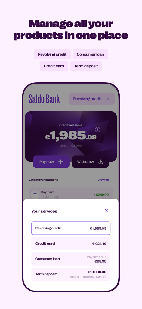 Banking with Saldo Mobile App - Interface of the Saldo Bank mobile app showing a dashboard with revolving credit balance and a list of financial services like consumer loans and term deposits