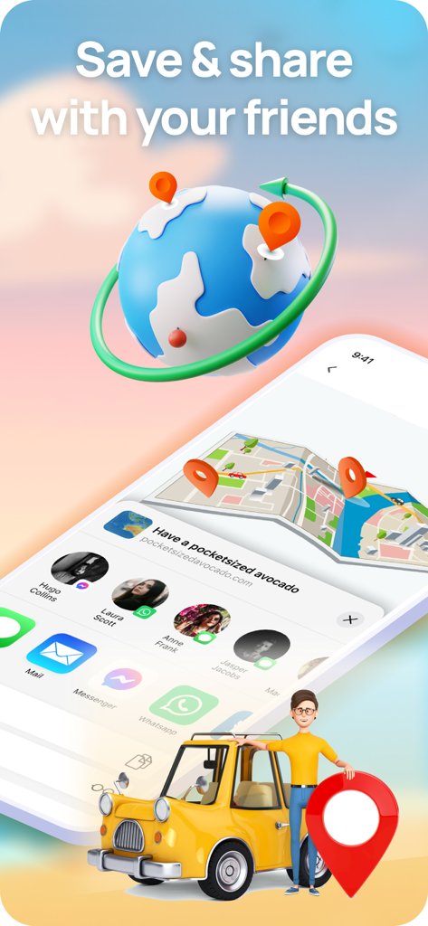 Travel Route: 3D Map & Plan - Interface de l'application TravelBoast montrant les options pour enregistrer et partager des animations d'itinéraires de voyage 3D avec des amis