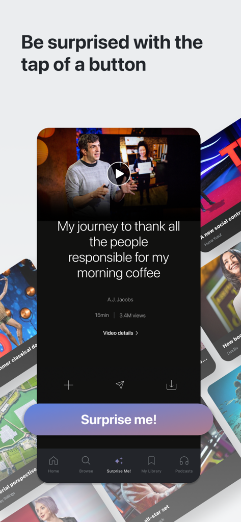 TED Talks: Watch and Learn - O recurso Surpreenda-me! do aplicativo TED Talks exibindo uma recomendação de talk curada