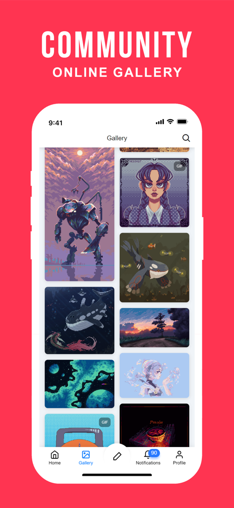 Una schermata dell'app mobile che mostra una galleria della community con varie illustrazioni pixel art e design di personaggi.