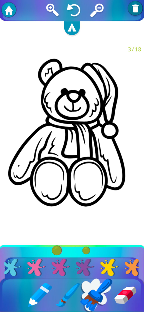 Cozy & Comfy Coloring Book - 冬の帽子とスカーフをしたテディベアの線画と、下部にあるブラシやカラーパレットなどのアートツールを示すデジタル塗り絵ページ