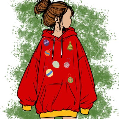 realistic girl with a oversized sweatshirt on and a bun