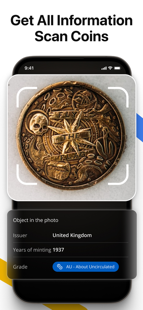 Interface of Lens AI app scanning a 1937 United Kingdom coin showing its issuer and grade