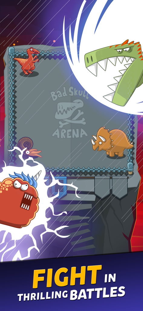 Divertidos dinosaurios de dibujos animados compitiendo en la Arena Cráneo Malvado con efectos de relámpagos