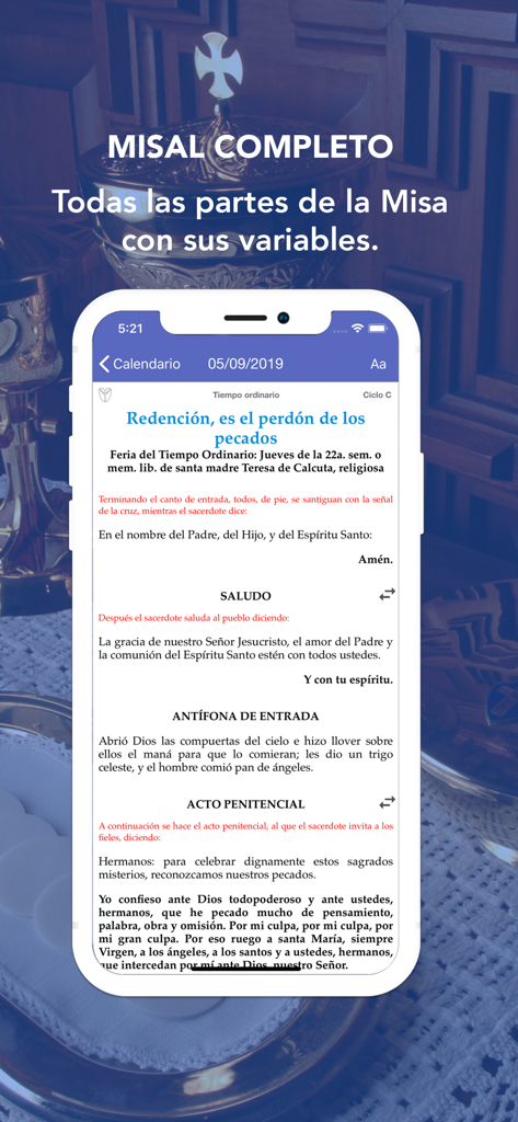 LiturGuia - Interfaz del Misal Católico en la app LiturGuia mostrando las oraciones y lecturas de la Misa diaria en español.